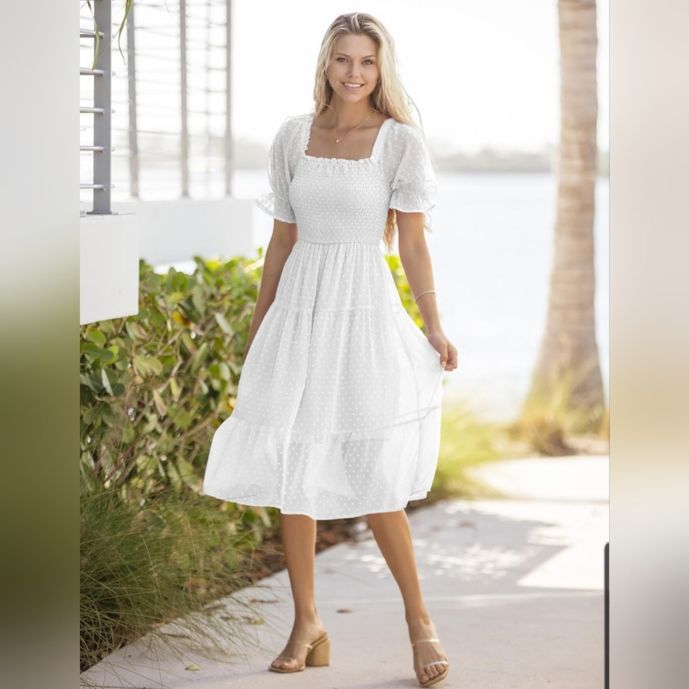 New Square Neck Puff Sleeve Boho Swiss Dot Ruffle Tie Back Dress